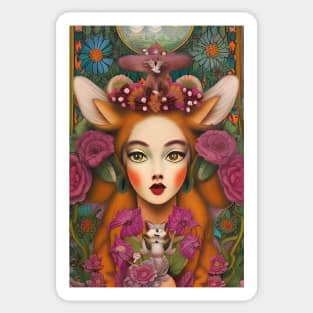 Fantasy Fox Goddess with crown of flowers holding a chipmunk. Sticker